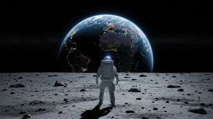 Astronaut stands on rocky moon surface, gazing at the illuminated earth, symbolizing space exploration and future endeavors.