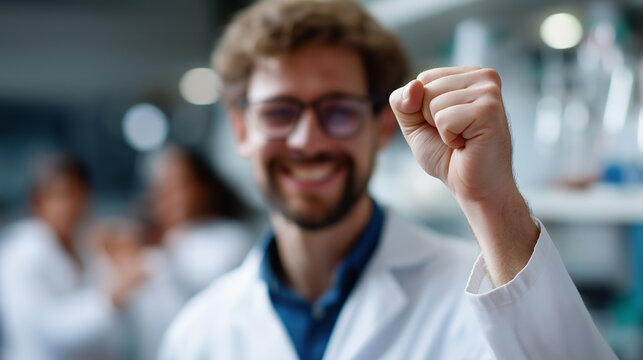 Faceless scientist celebrating successful experiment with raised fist defocused cheering laboratory team background research breakthrough moment scientific achievement with cop