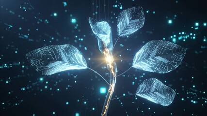 Futuristic Digital Plant with Circuit Board Leaves and Glowing Energy Stem abstract artificial. - Powered by Adobe