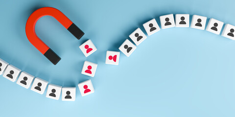 Customer Attraction Concept with Magnet and People Icons on Blue Background