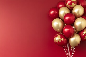 Generate a lively festival-themed banner background adorned with clusters of red and gold balloons against a solid red canvas celebrating the spirit of a grand celebration.