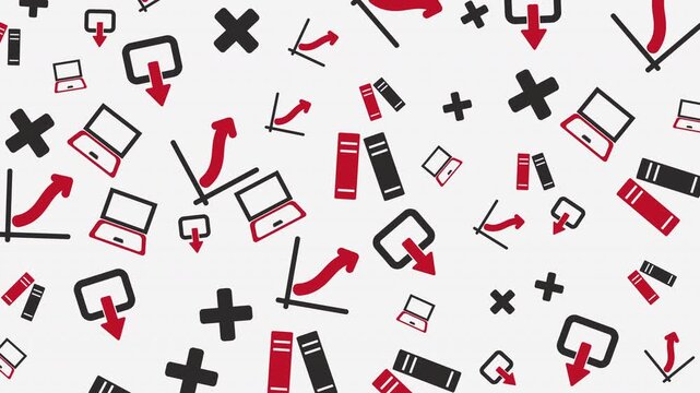Creative geometric pattern with letters and symbols in red and black on white background, abstract graphic design, seamless repeat, flat layout