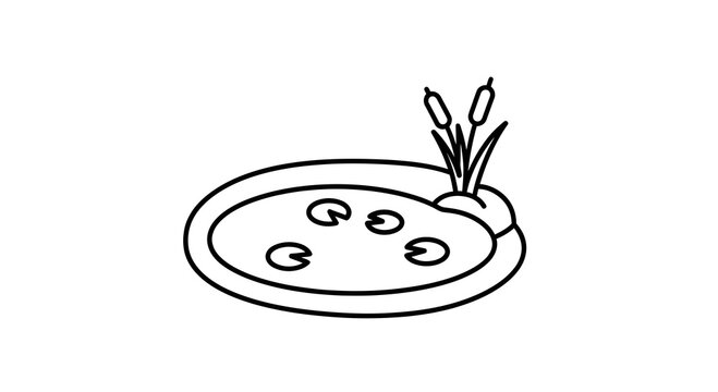 Minimalist illustration of a serene pond with lily pads and reeds in simple design