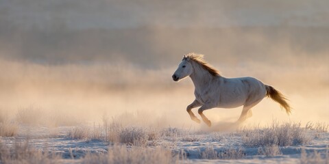 White horse galloping through snowy field at golden winter sunrise with flowing mane and misty frost. Majestic freedom run, inspiring cold season dawn vibe full of power and serenity.