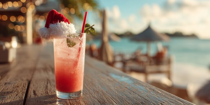 Tall glass of pink cocktail with ice, mint garnish, red straw and mini Santa hat on rim, beach bar background with ocean and lights. Playful tropical Christmas drink, fun festive summer holiday vibe