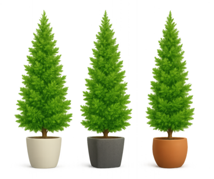 Three Decorative Green Conifer Trees in Ceramic, Concrete, and Terracotta Pots — Transparent PNG Plant Set for Interior Design, Landscaping, and Christmas Decor Isolated on White Background