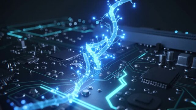 Glowing Blue DNA Helix Intertwined with Futuristic Circuit Board genetic science.