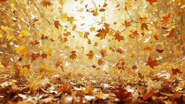 Autumn maple leaves falling in golden sunlight forest.