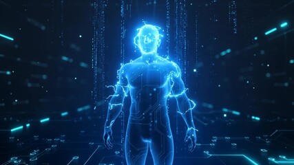 Glowing blue human figure emerging from digital matrix with circuit board elements standing. - Powered by Adobe