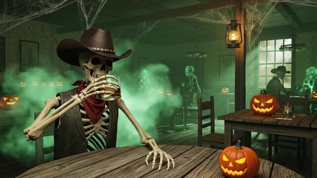 Spooky Halloween scene featuring a skeleton in a cowboy hat enjoying a drink in a dimly lit bar