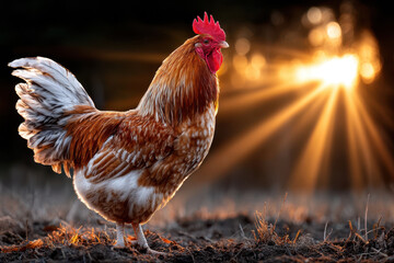 Chicken stands proud in golden sunlight at dawn on a rural farm