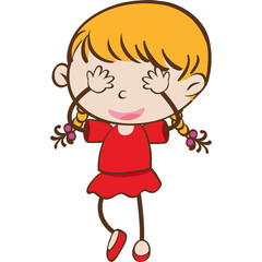 Cartoon Girl With Blonde Pigtails Wearing Red Dress And Shoes Covering Eyes With Hands Playful Expression Happy Joyful Mood Isolated On White