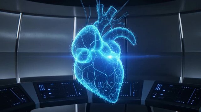 Holographic blue wireframe heart in a futuristic control room. - Powered by Adobe