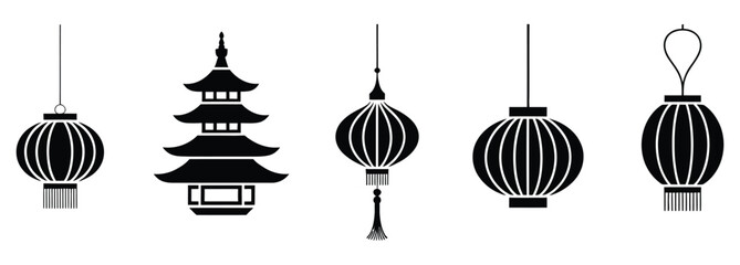 Celebrate Asian culture with these striking black and white lantern and temple icons, perfect for Lunar New Year designs or adding an oriental touch to your project © Edrish