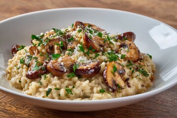 Creamy mushroom risotto garnished with fresh parsley served in a white bowl on a wooden table
