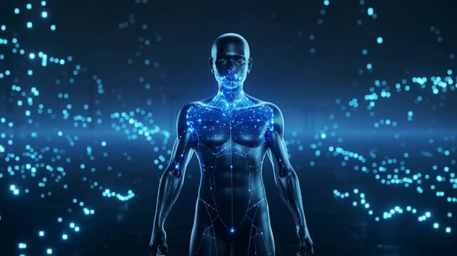 Humanoid figure with glowing blue internal circuitry and digital particles.