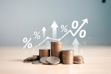 Businessman using laptop with heap of coins and arrow up with percentage symbol for financial increase interest rate or mortgage investment dividend from business growth concept