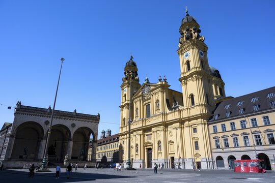 Odeonsplatz with Feldherrnhalle and Theatine Church, Old Town, Munich, Upper Bavaria, Bavaria, Germany