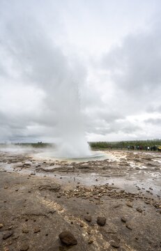 Eruption of the Strokkur geyser, Haukadalur geothermal field, Golden Circle, South Iceland, Iceland