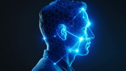 Man's profile with glowing blue digital network overlay on face. - Powered by Adobe
