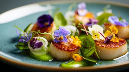 Freshly cooked scallops presented with edible flowers and greens on a decorative plate in a gourmet restaurant setting
