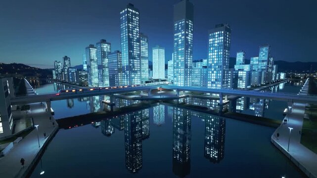 Modern city skyline at night with glowing skyscrapers reflected in a calm river reflection.