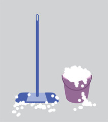 Cleaning products and supplies. Mop and bucket cleaning flat icon on gray background.