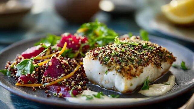 Healthy gourmet meal featuring a quinoa-crusted white fish fillet served with a vibrant salad of mixed greens, quinoa, and beetroots, on a modern ceramic plate.

