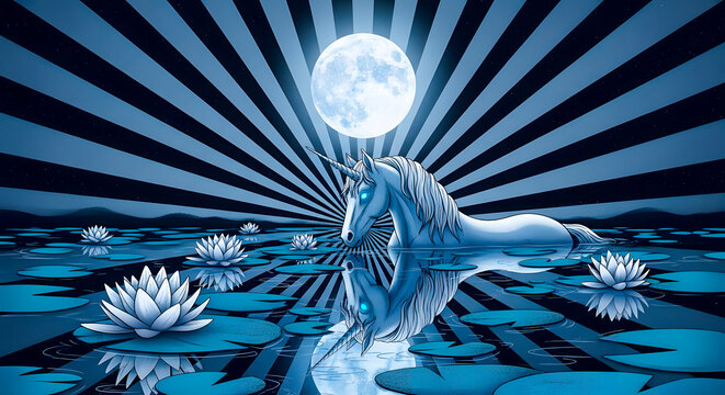Magical Unicorn Bathed in Lunar Glow amidst Tranquil Waters and Luminous Lotus Blooms in a Dreamlike Blue Landscape, Evoking Fantasy and Serenity