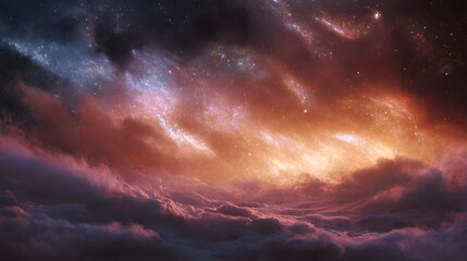 Fototapeta premium A celestial storm of swirling nebula clouds in vibrant orange and purple hues illuminated by cosmic light and distant stars