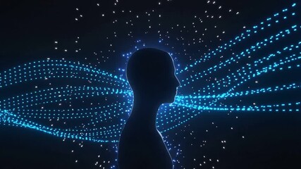 Silhouette of a human head with electric blue lightning and digital data streams human head silhouette. - Powered by Adobe