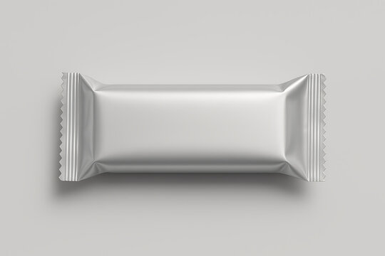 Realistic 3D render of a blank silver foil packaging for a snack bar or chocolate bar,