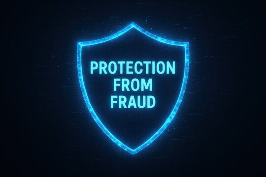 Digital shield icon representing protection from fraud in cybersecurity. Concept of security, vigilance, and safeguarding personal and financial information.