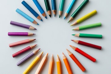 Vibrant colored pencils arranged in a circle on a white surface showcasing various shades and hues for art and creativity