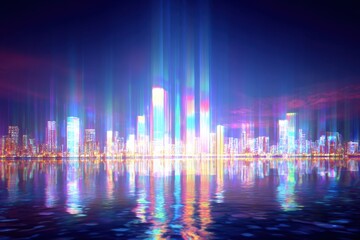 Obraz premium Futuristic Neon Cityscape Reflected on Water at Night with Vivid Lights.