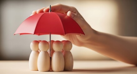 Hand holding red umbrella over wooden figures symbolizing protection