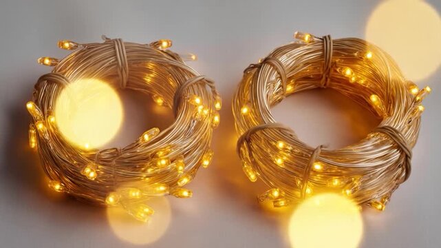 Two coils of golden string lights with small, bright LEDs illuminate a light grey surface