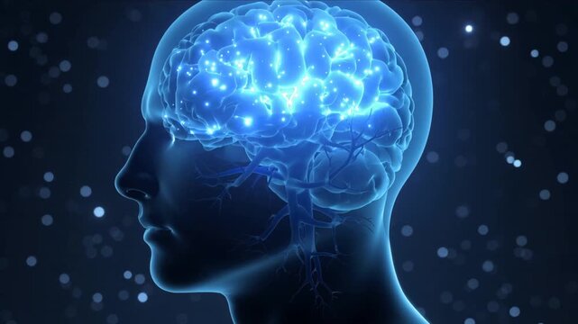 Transparent Human Head Silhouette with Glowing Blue Brain and Neural Network profile.