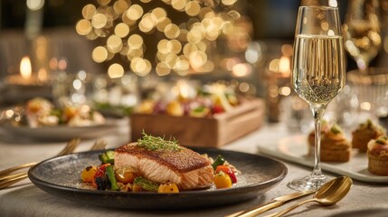 Dinner table setting with gourmet salmon dish and sparkling drink at a festive gathering in an elegant restaurant during evening hours