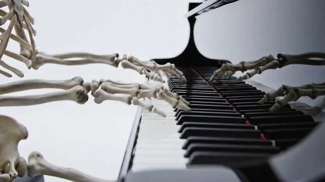 Skeleton hands playing a grand piano. The image captures the skeletal hands gracefully positioned over the piano keys