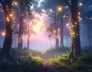 Dreamlike Forest with Floating Lights and a Dreamlike Atmosphere.