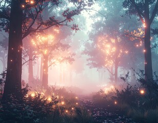 Dreamlike Forest with Floating Lights and a Dreamlike Atmosphere.