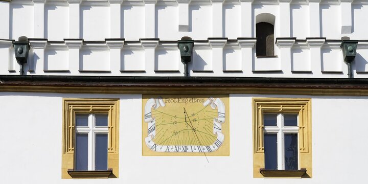 Sundial on the wall of Litomerice old town hall, Litomerice, Bohemia, Czech Republic