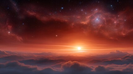 Obraz premium A breathtaking view of a cosmic sunset over planet clouds with vibrant nebulae and distant galaxies in a crimson sky