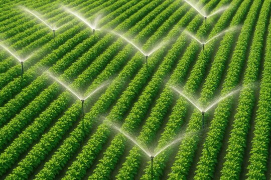 Automatic irrigation sprinklers watering lush green crops in a precision agriculture field. Concept of sustainable farming, water conservation, and agricultural technology advancements. - Powered by Adobe