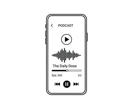 A smartphone displays a podcast app interface with a play button and waveform.