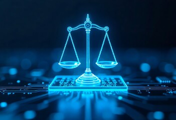 Futuristic justice concept blending law and technology. Digital scales of justice connect with AI circuits, symbolizing innovation, automation, and transformation in modern virtual legal systems.