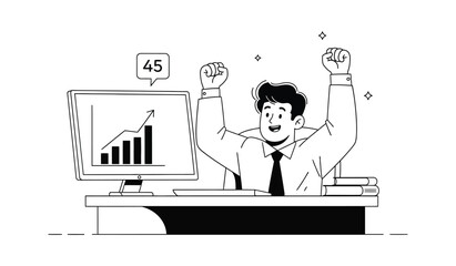 A jubilant man celebrates success while looking at a rising graph on his computer screen.