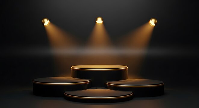 Golden spotlights illuminate four tiered black product display podiums with gold accents on dark surface