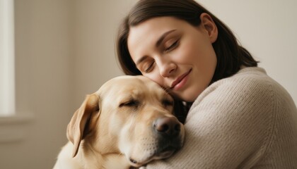 Woman gently embracing her happy yellow labrador, both subjects having eyes closed, enjoying a moment of affection, comfort, and deep emotional connection